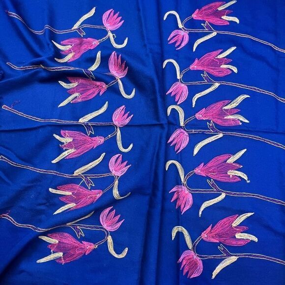 Ana Lee Women's One Size Royal Blue Floral Wool Embroidery Shawl With Tassel - Picture 5 of 7